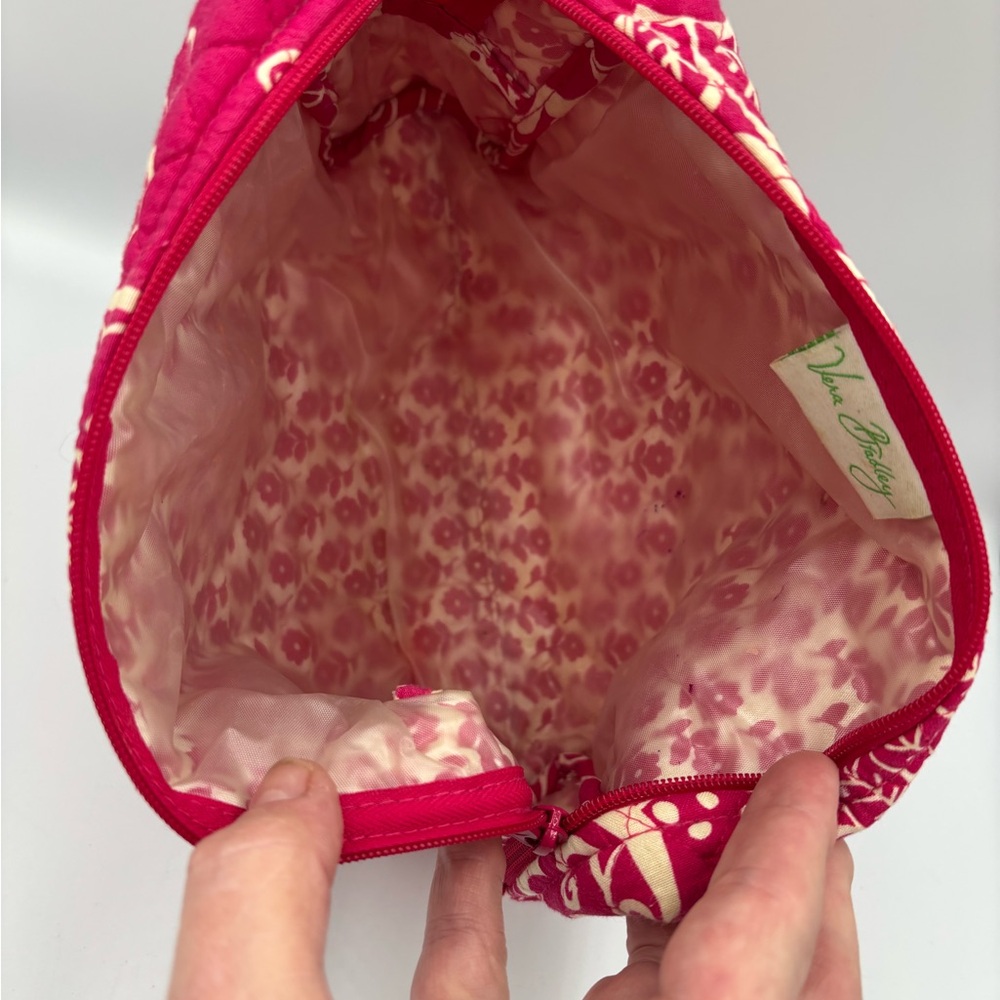 Vera Bradley Large Cosmetic Bag in Twirly Bird Pink Pattern, Waterproof Lining - Picture 7 of 11